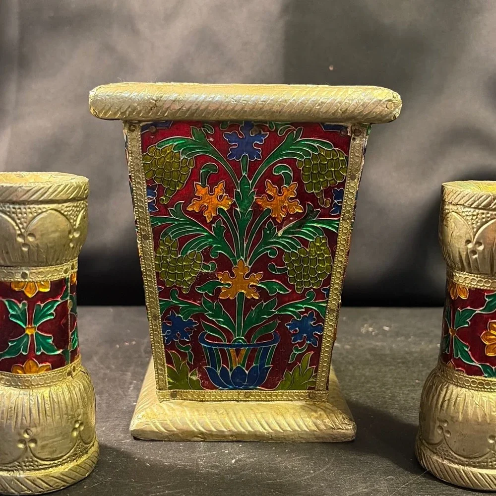 Vintage Enameled Metal Floral Desk Set Vase and Two Holders Red Gold Green